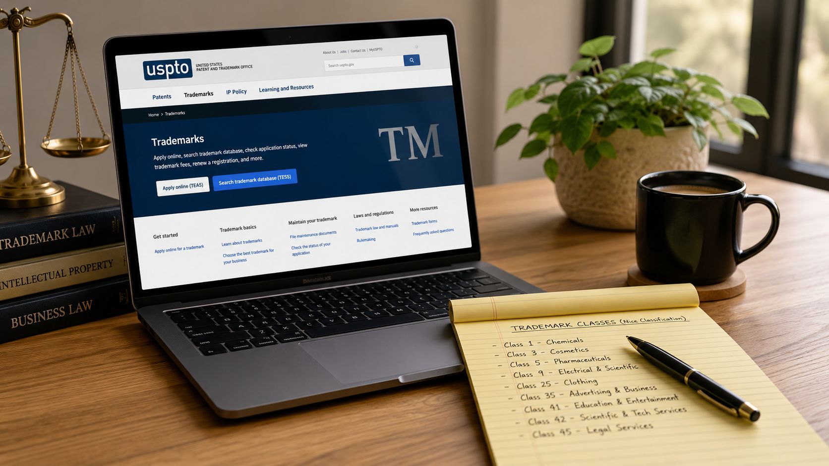 A laptop showing the USPTO website, with law books and a handwritten list of trademark classes nearby.