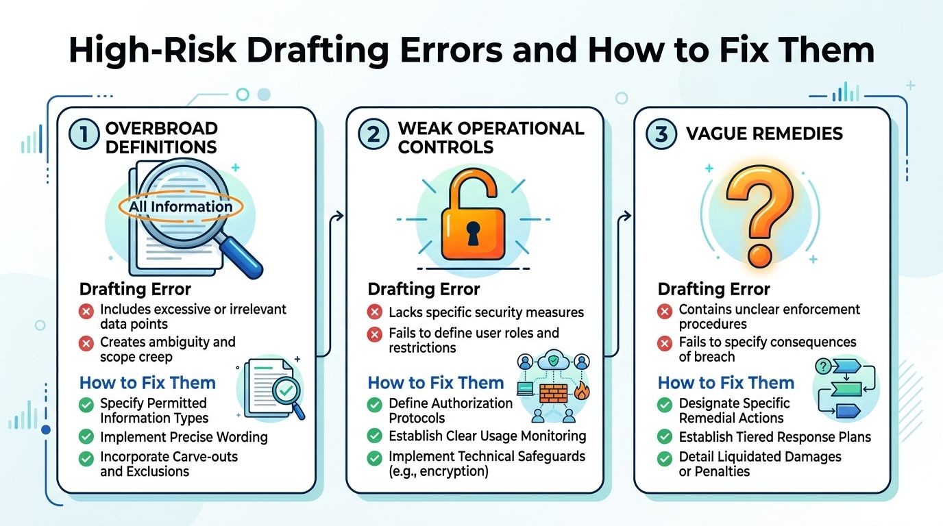 An infographic detailing common contract drafting errors like overbroad definitions, weak controls, and vague remedies with solutions.