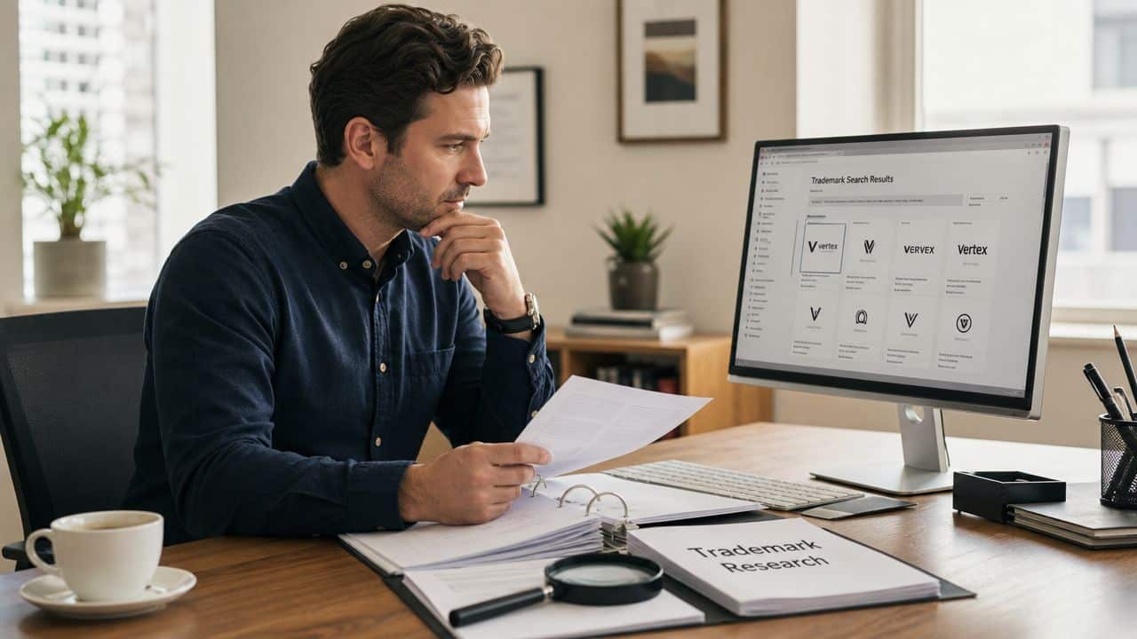 A professional man at a desk researching trademark logos on his computer while holding documents.