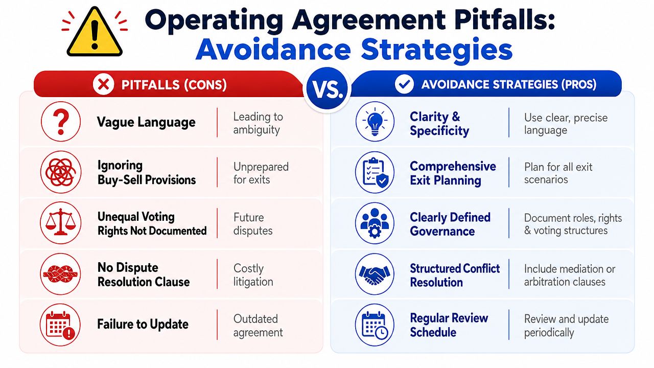 A comparison chart showing common operating agreement pitfalls on the left and effective avoidance strategies on the right.