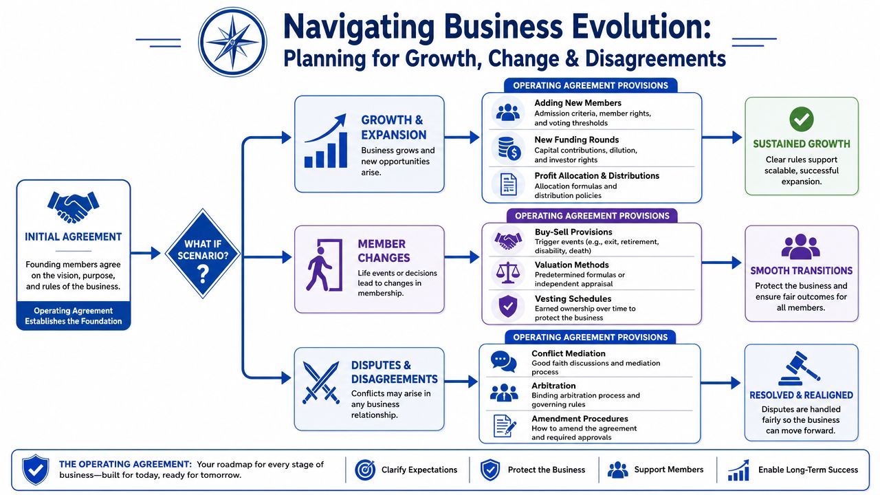 An infographic diagram explaining how operating agreements manage business growth, member changes, and potential disputes for startups.