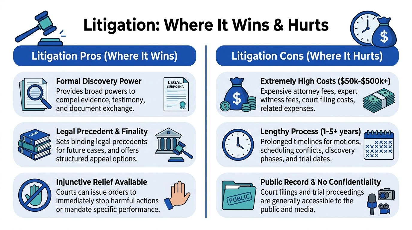 A comparison chart outlining the professional benefits and significant drawbacks associated with the legal litigation process.