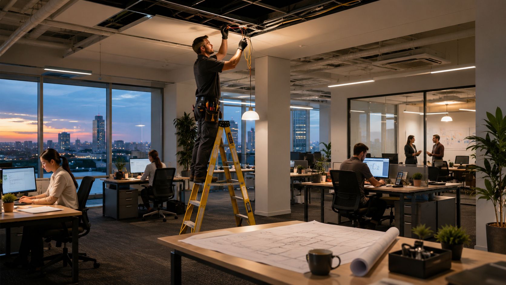 A professional electrician repairing overhead lights in a modern office space while employees work at computers.