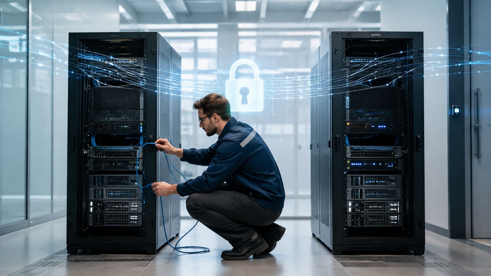 A technician crouching and working on network server cables in a modern, secure data center facility.