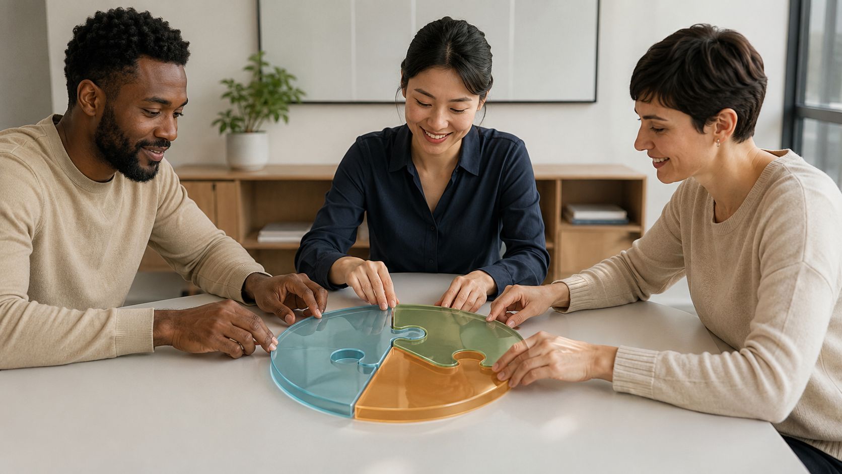 Three professional colleagues collaboratively fitting together translucent colorful puzzle pieces on a table in an office.