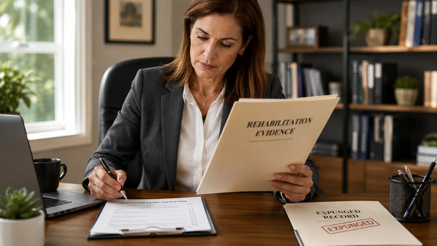 A professional woman in a suit reviews rehabilitation evidence while completing an employment decision form at her desk.