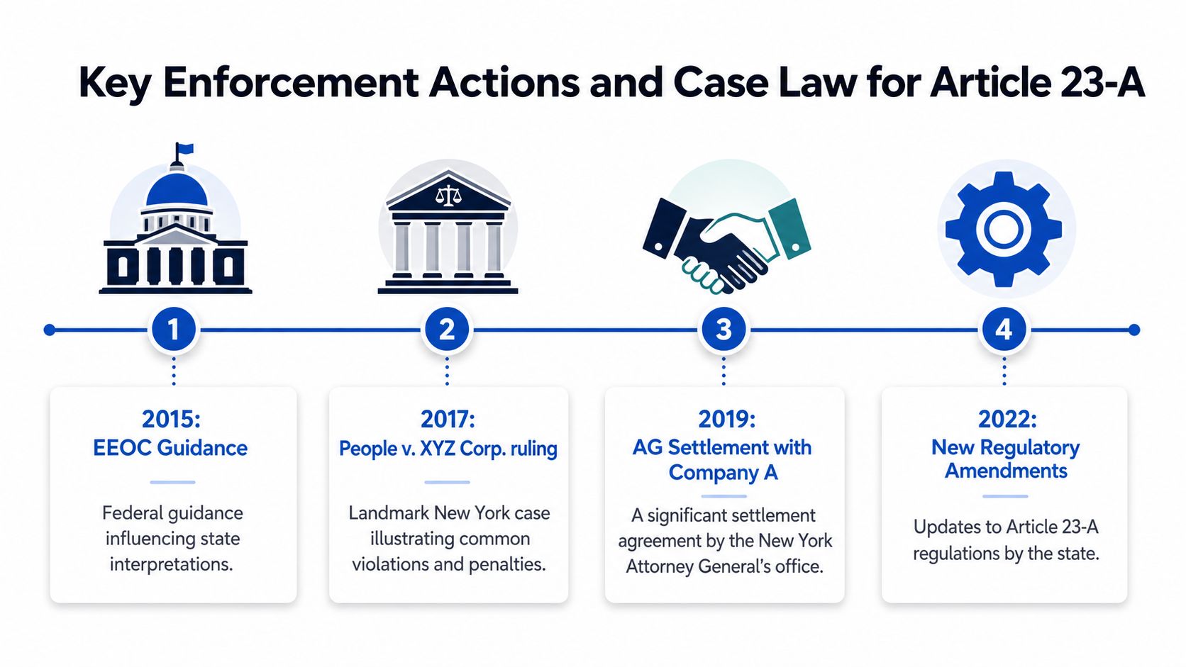 A timeline graphic showing four major enforcement actions and legal case developments related to Article 23-A.