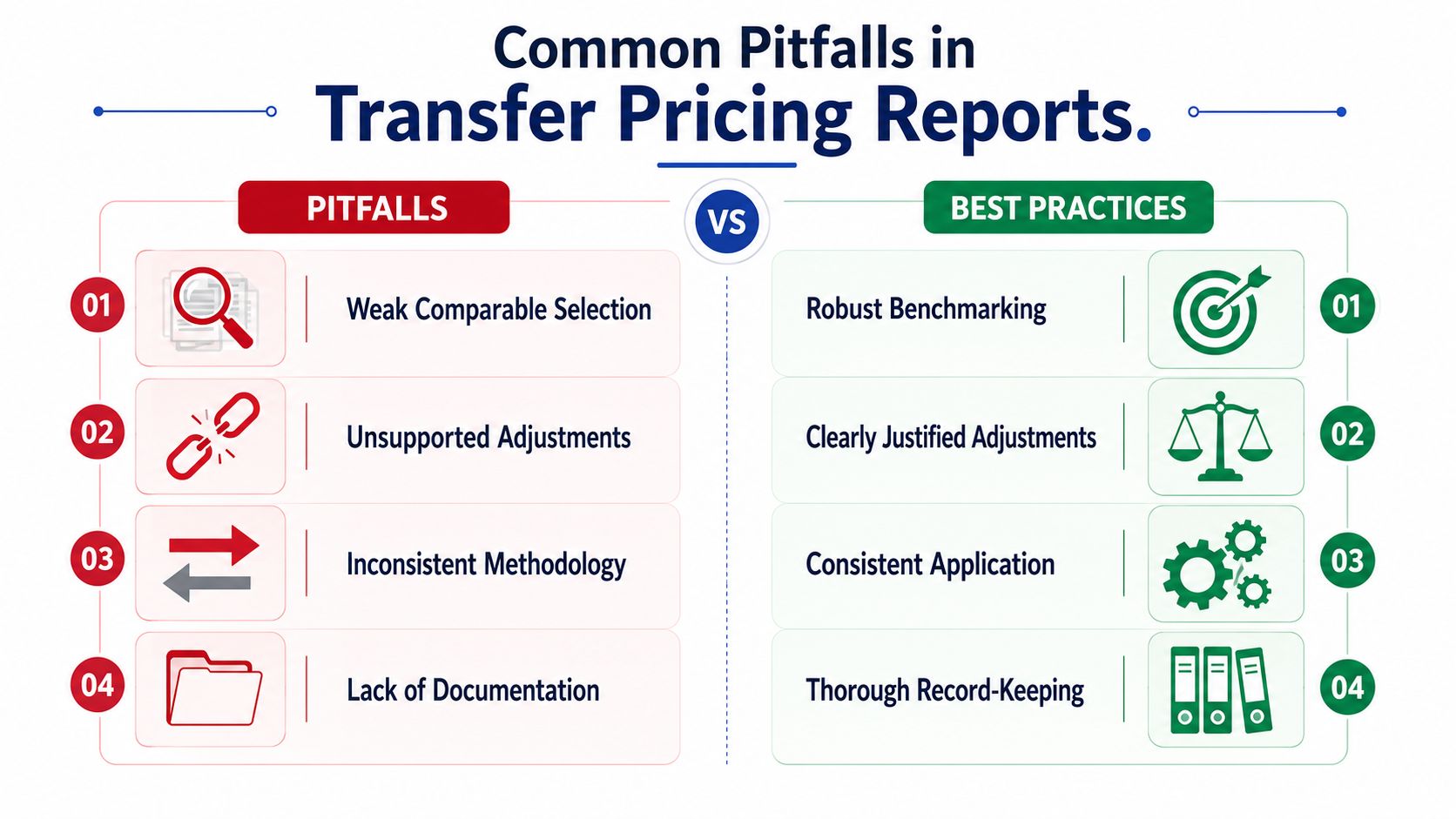A comparison chart showing common pitfalls and best practices in corporate transfer pricing documentation reports.