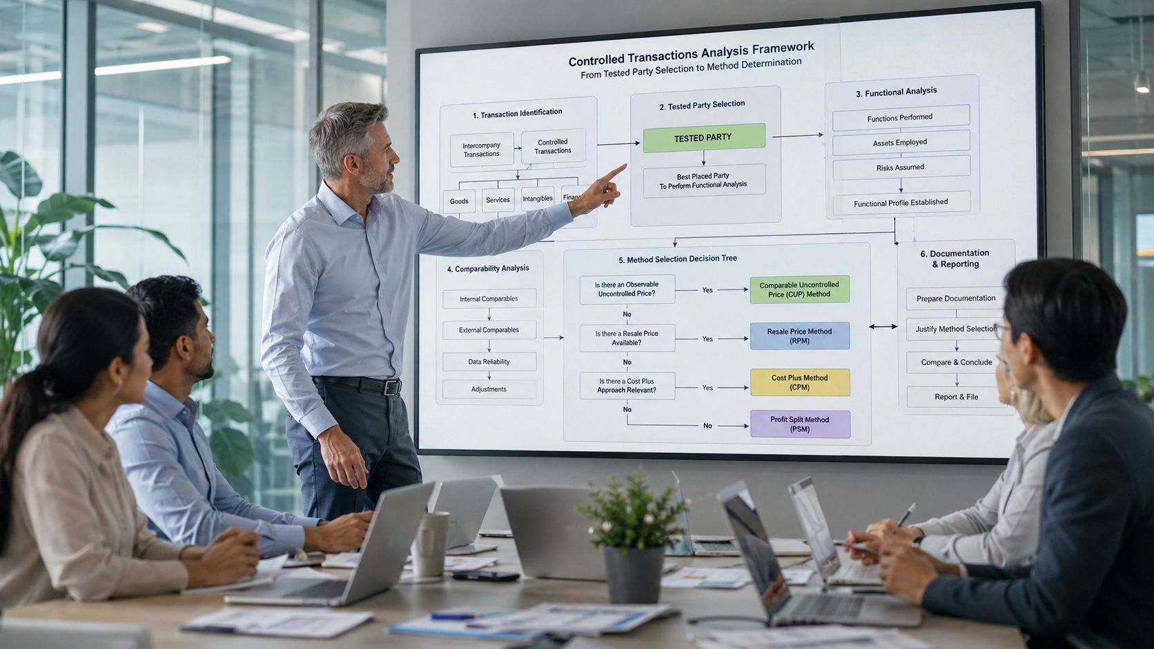 A professional business presenter explaining a transfer pricing analysis framework to a team in a modern office.
