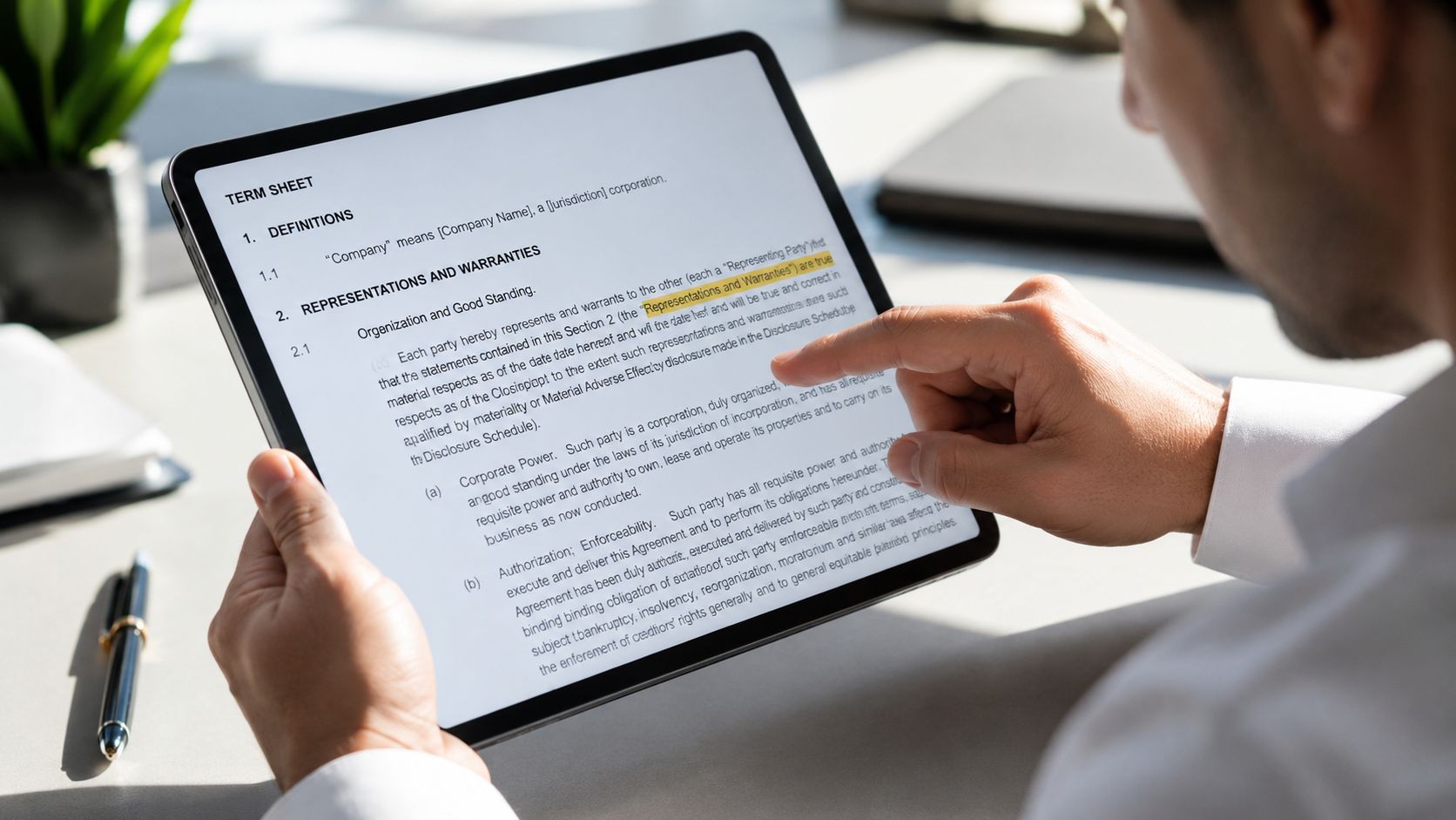 A businessman reviewing a term sheet document titled Representations and Warranties on a digital tablet screen.