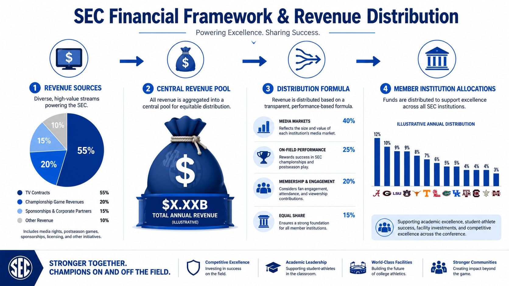 An infographic detailing the Southeastern Conference financial framework, revenue sources, distribution formulas, and member institution allocations.