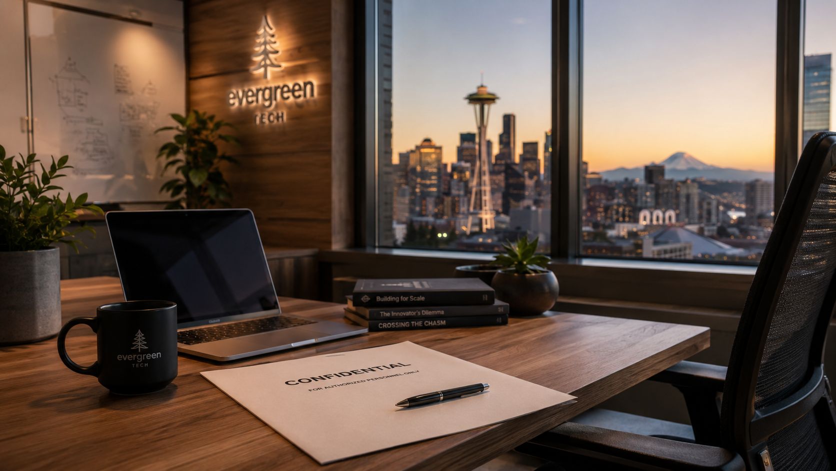 A professional office desk with a confidential document, laptop, and Seattle skyline view at sunset.