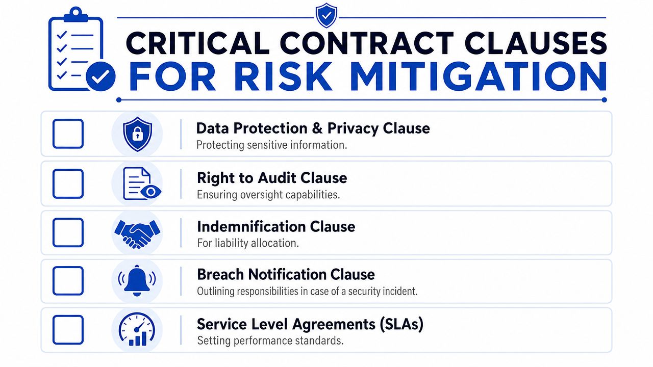 An infographic listing five critical contract clauses used for risk mitigation in business agreements.