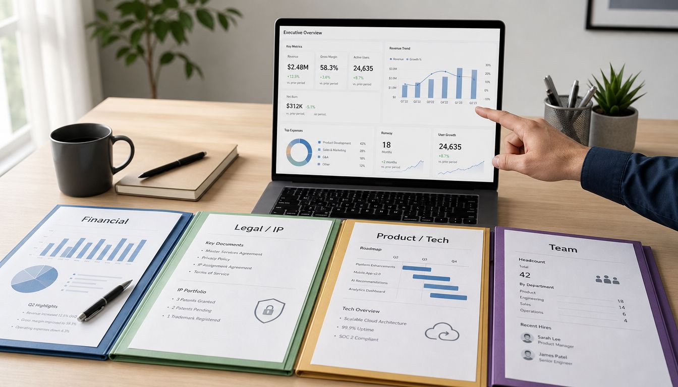 A professional desk workspace showcasing digital dashboards and organized folders for business venture capital due diligence.