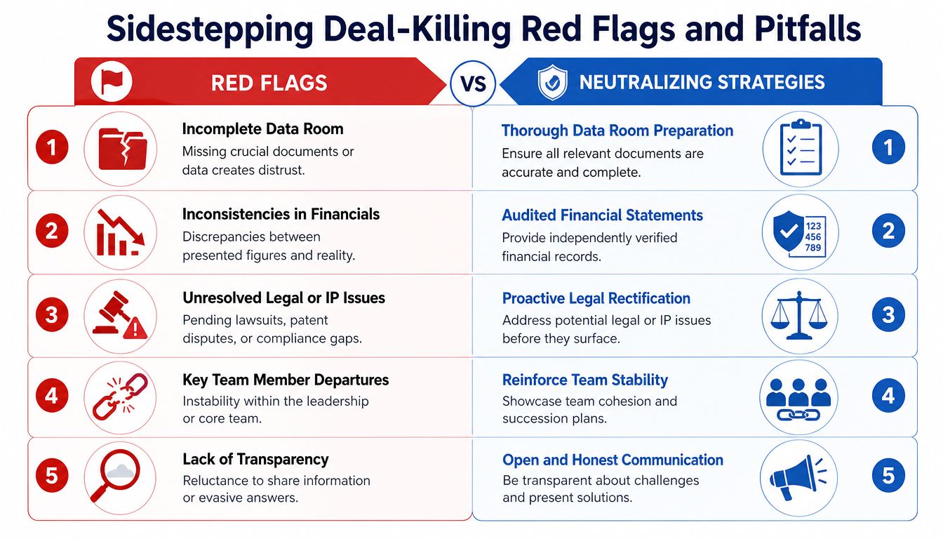 A comparison chart outlining business red flags versus neutralizing strategies for venture capital due diligence processes.