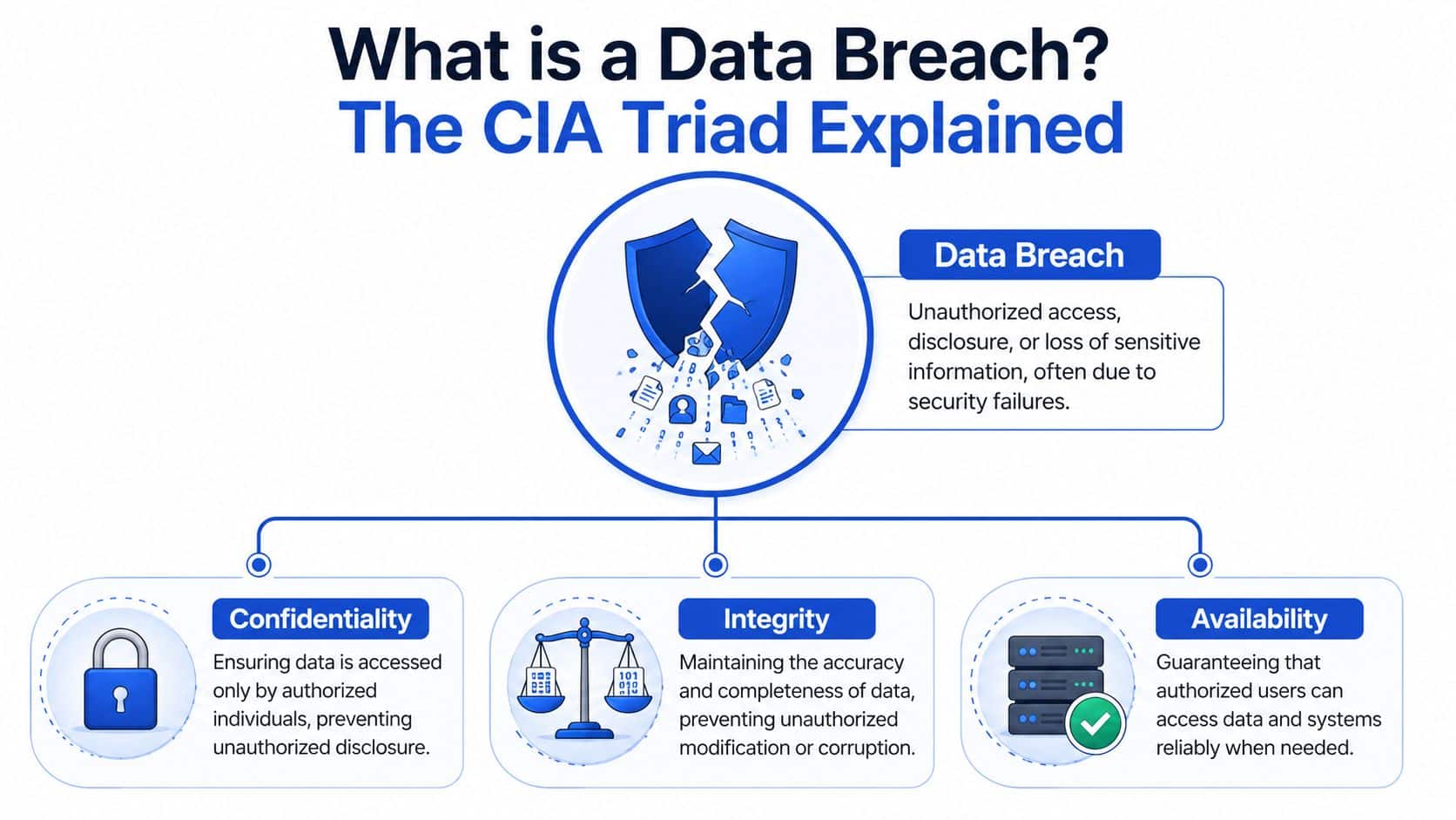 A diagram explaining the CIA triad of confidentiality, integrity, and availability in relation to data breaches.