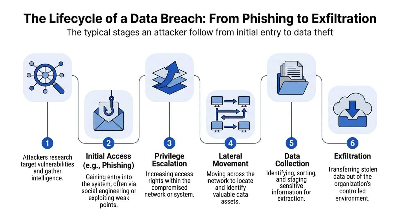 A diagram illustrating the six typical stages of a data breach from initial reconnaissance to final exfiltration.