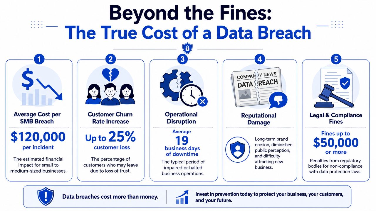 An infographic detailing the five hidden costs of a data breach for small and medium-sized businesses.