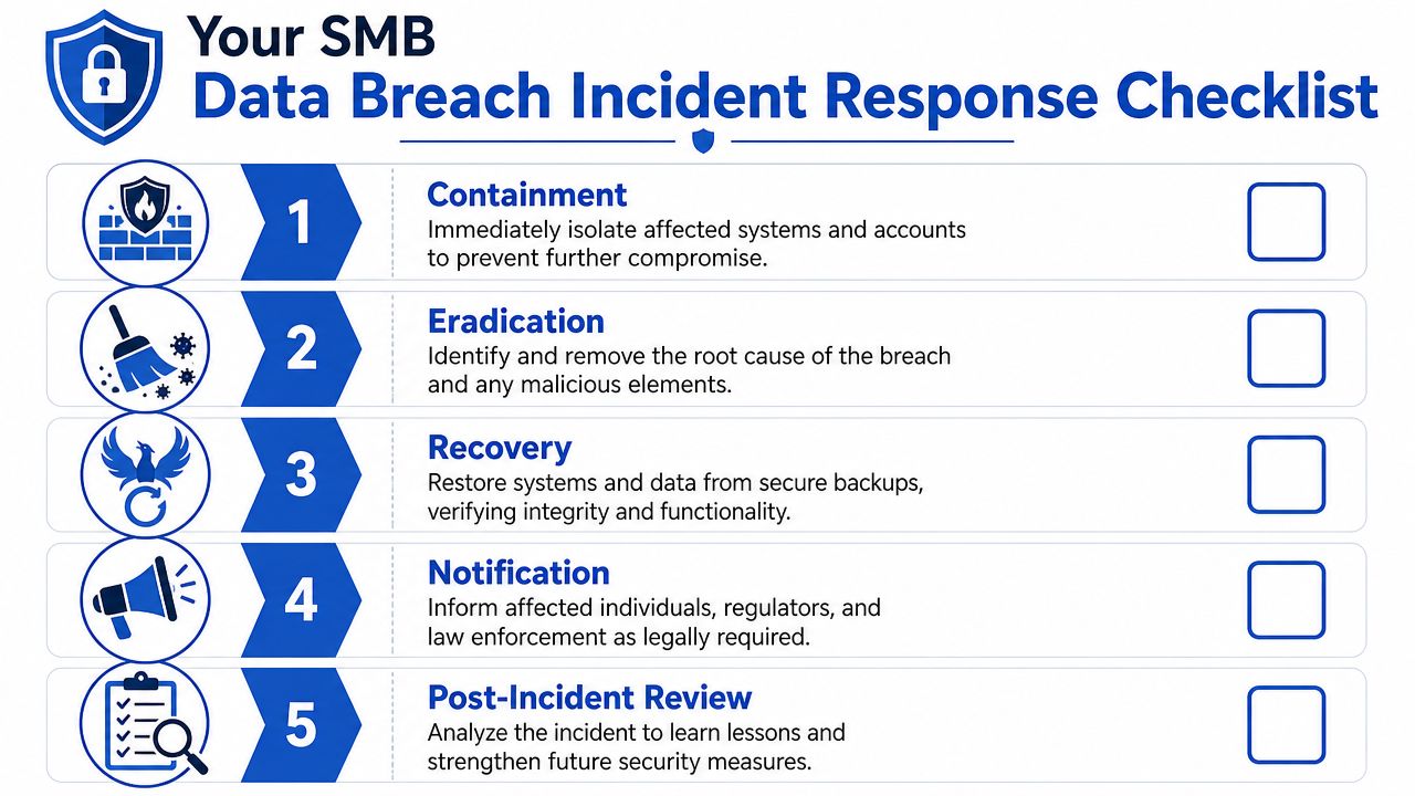 A checklist graphic titled Your SMB Data Breach Incident Response Checklist outlining five essential security recovery steps.