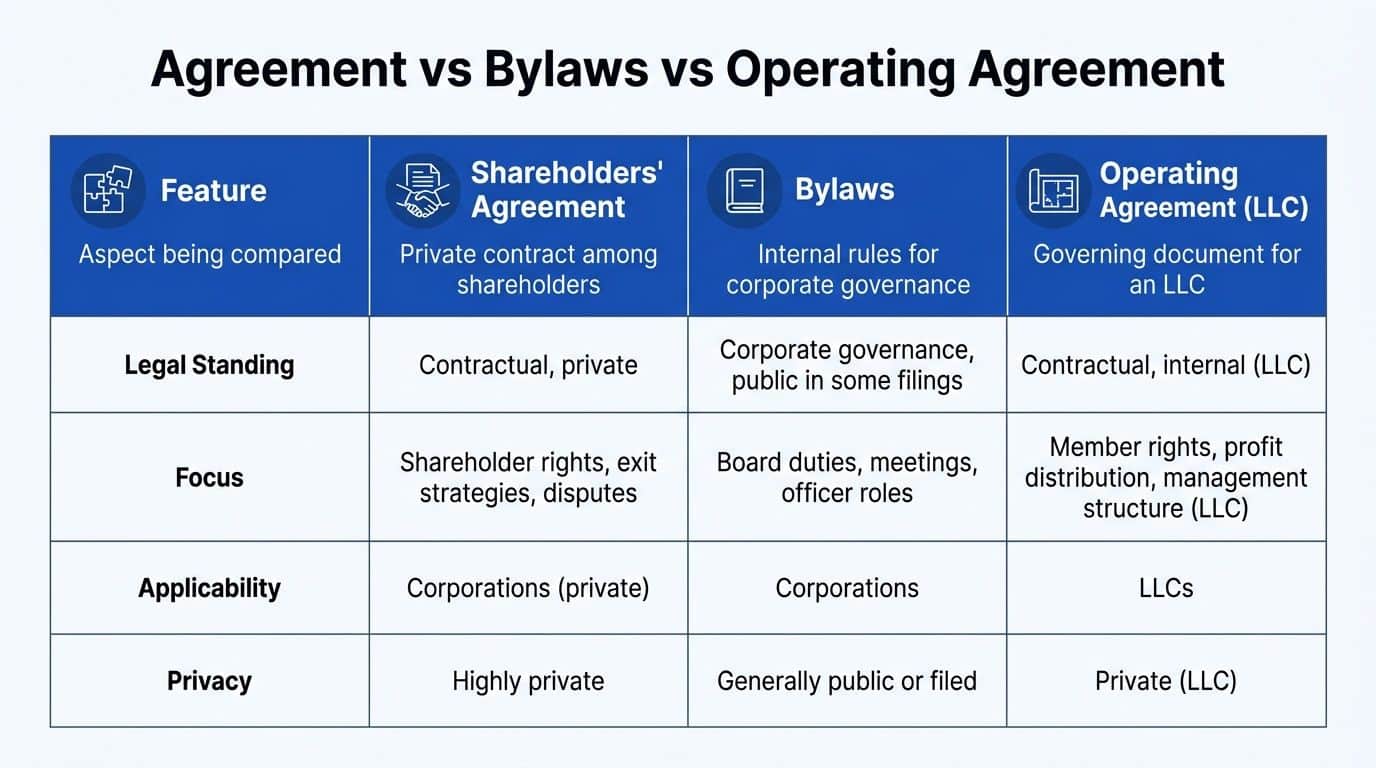 A comparison table outlining key differences between a shareholders agreement, corporate bylaws, and an LLC operating agreement.