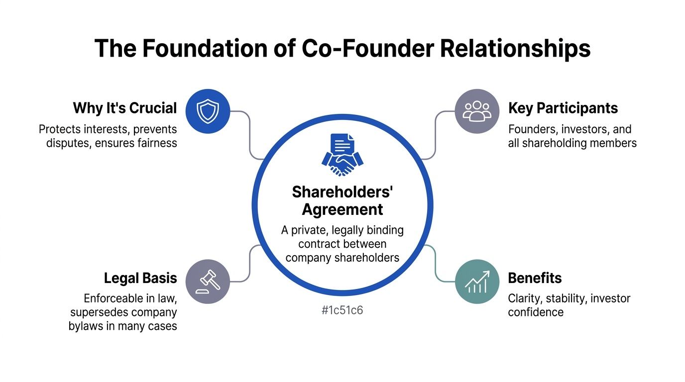 A diagram outlining the importance of shareholders' agreements as a legally binding contract for company founders and investors.