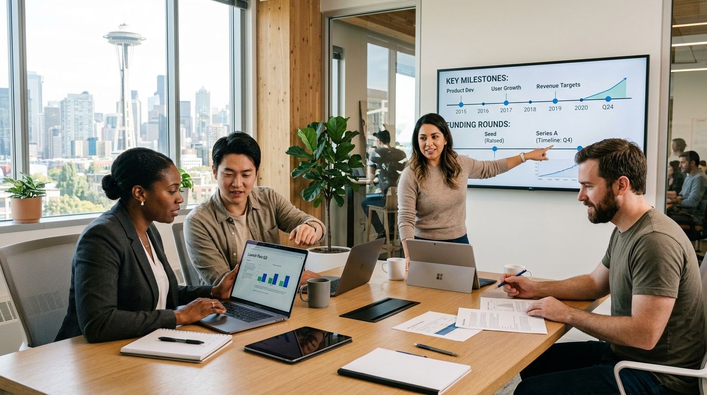 A diverse professional team collaborating on business strategy in a modern office with a city view.