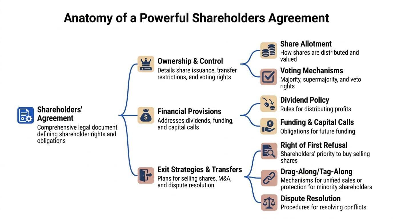 A diagram illustrating the key components of a powerful shareholders agreement including ownership, financial, and exit provisions.