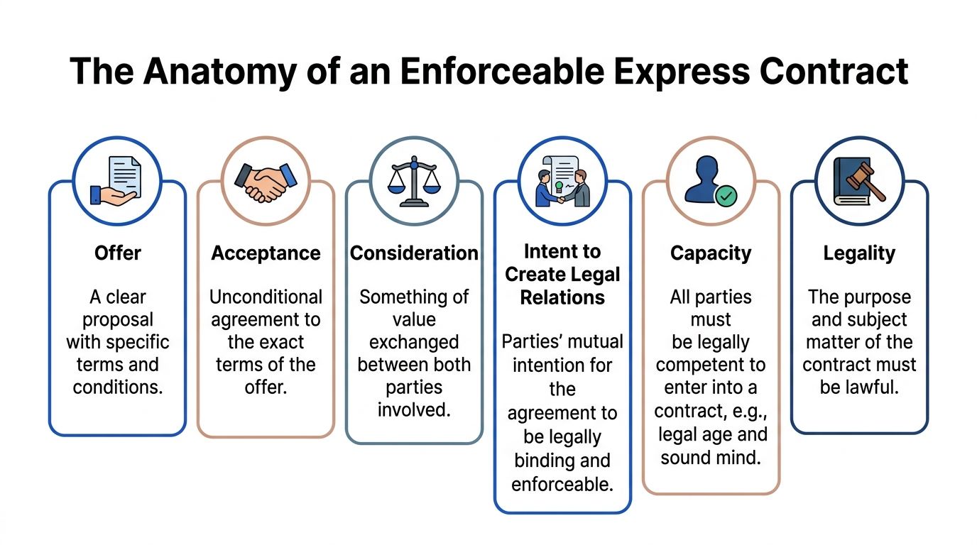 A diagram outlining the six essential elements required to form an enforceable express contract in business law.