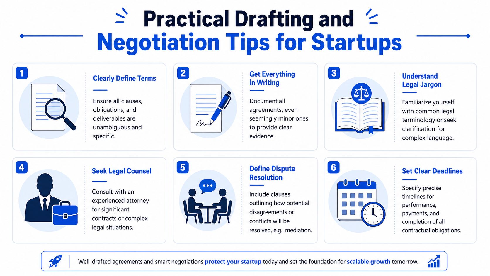 A six-point infographic providing practical drafting and negotiation tips for startups to protect their business interests.