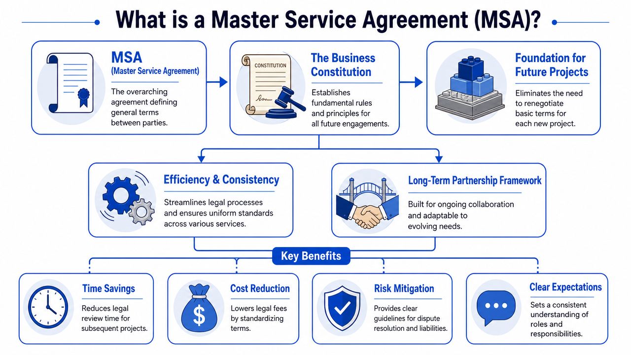 An infographic titled What is a Master Service Agreement showing its definition, business benefits, and core functions.