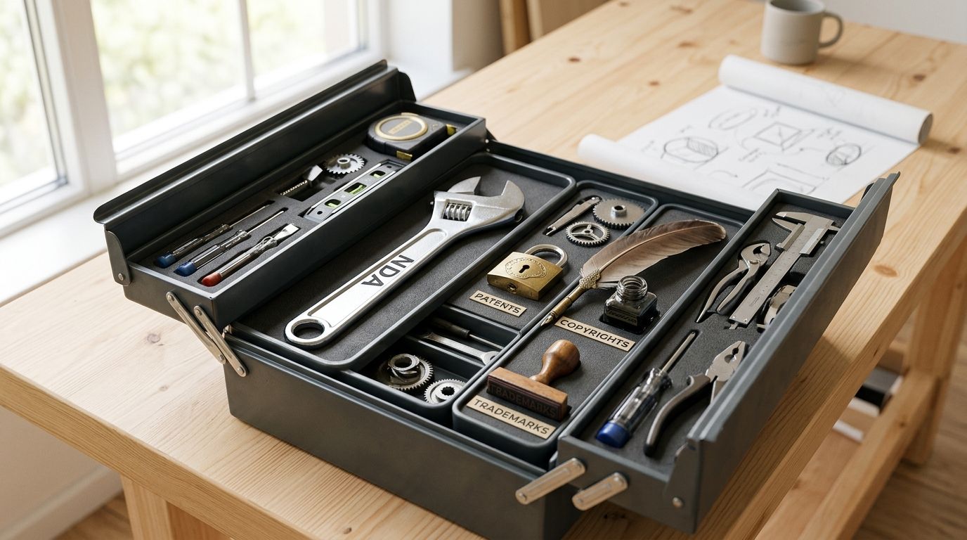A metal toolbox containing intellectual property tools with labels for patents, copyrights, and trademarks.
