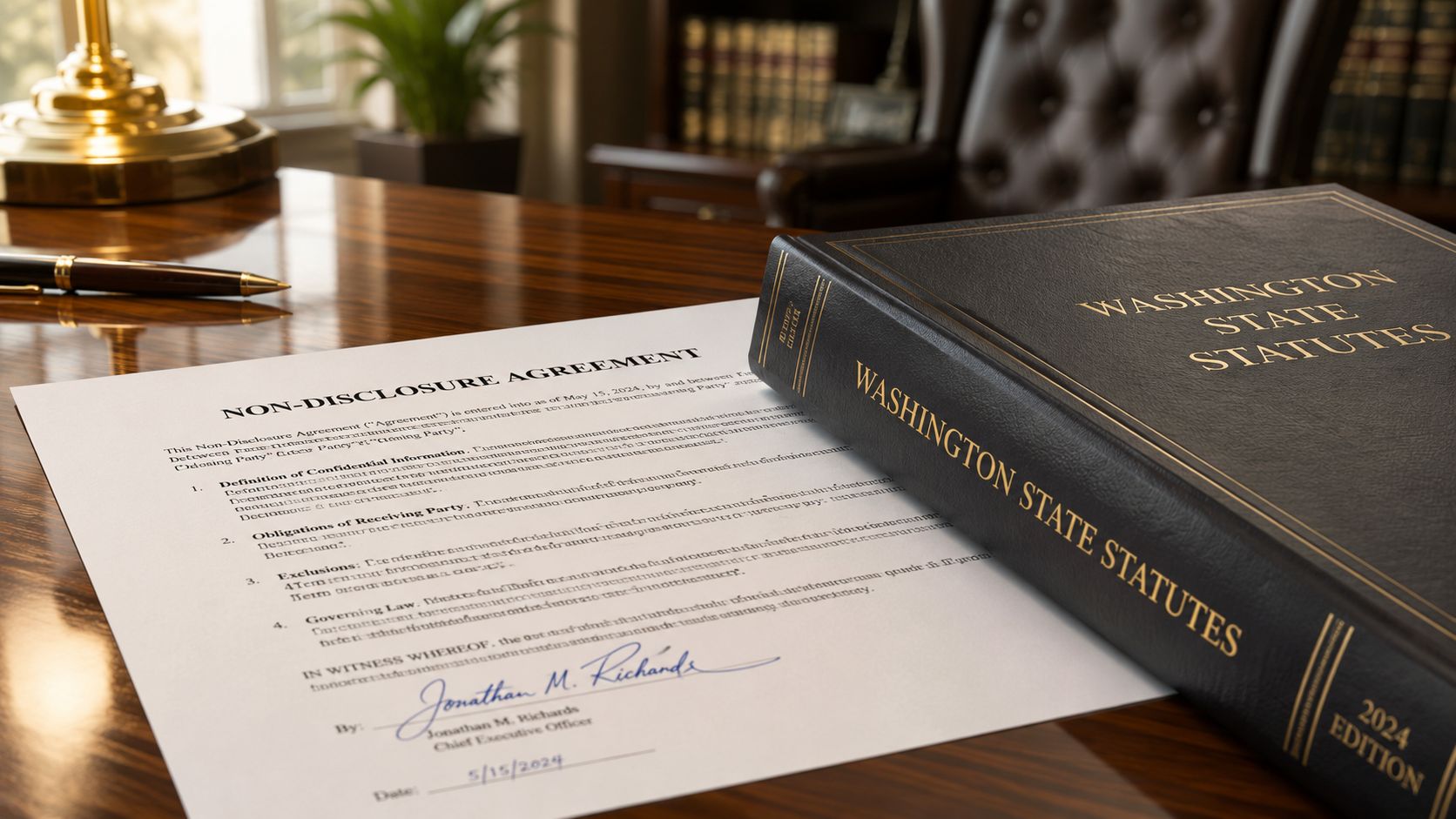 A legal non-disclosure agreement document sits on a wooden desk next to a book of Washington state statutes.