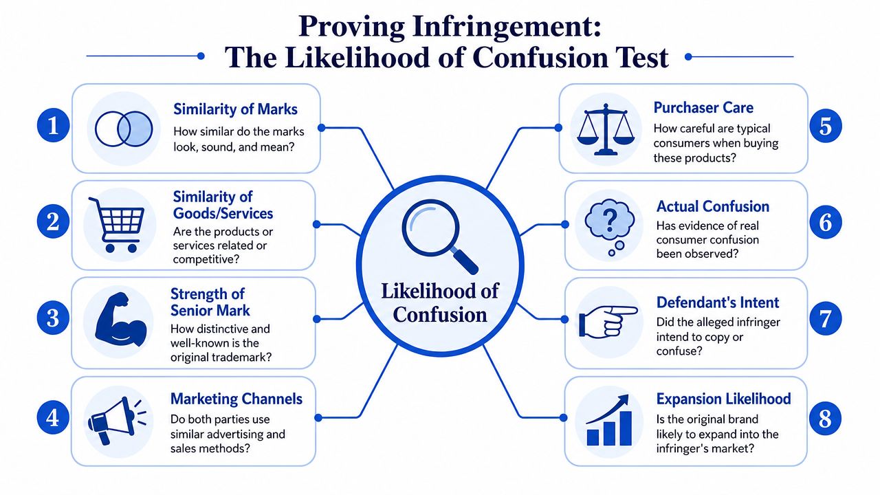 An infographic detailing the eight factors of the trademark likelihood of confusion test for legal analysis.