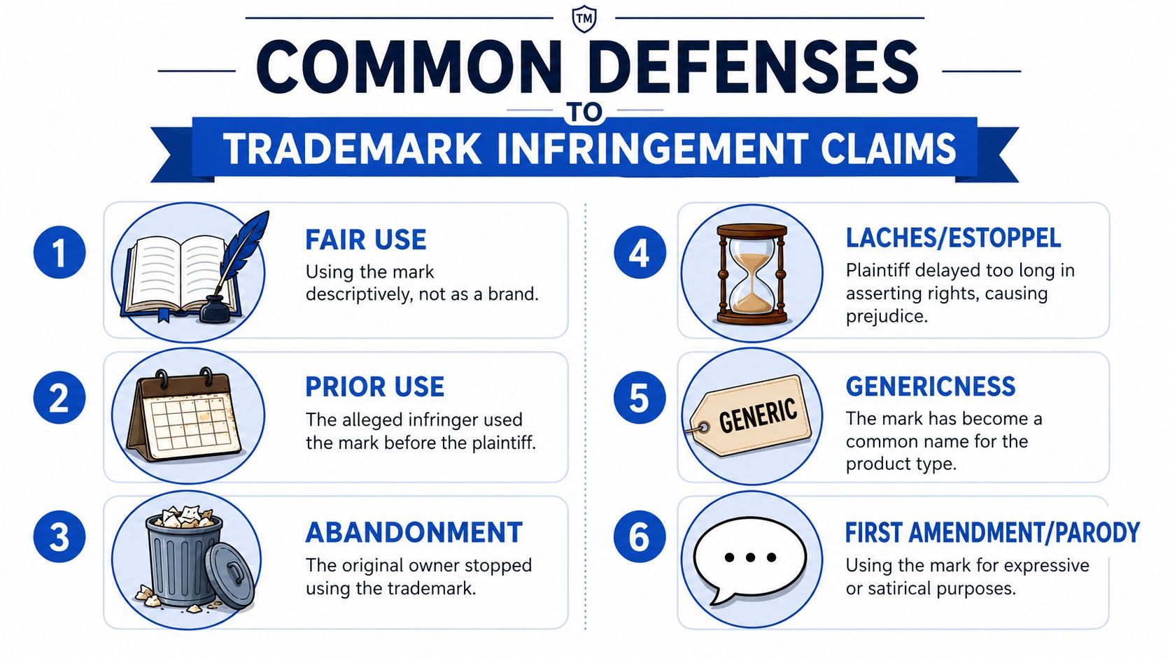 An infographic titled Common Defenses to Trademark Infringement Claims listing six legal defenses with descriptive icons.