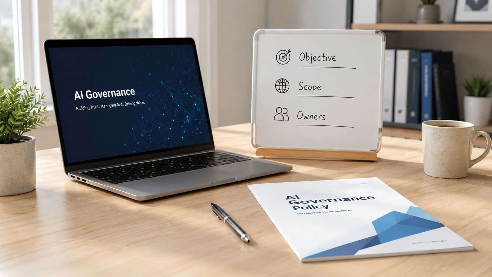 A modern office desk featuring an AI governance policy document, a laptop, and a whiteboard with objectives.