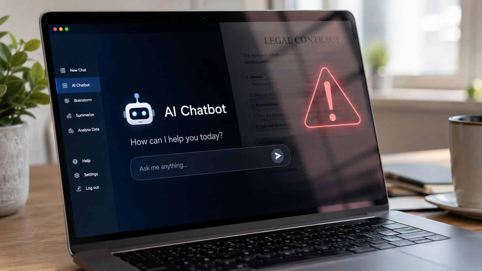 A laptop screen displaying an AI chatbot interface with a prominent red warning sign over a legal contract.