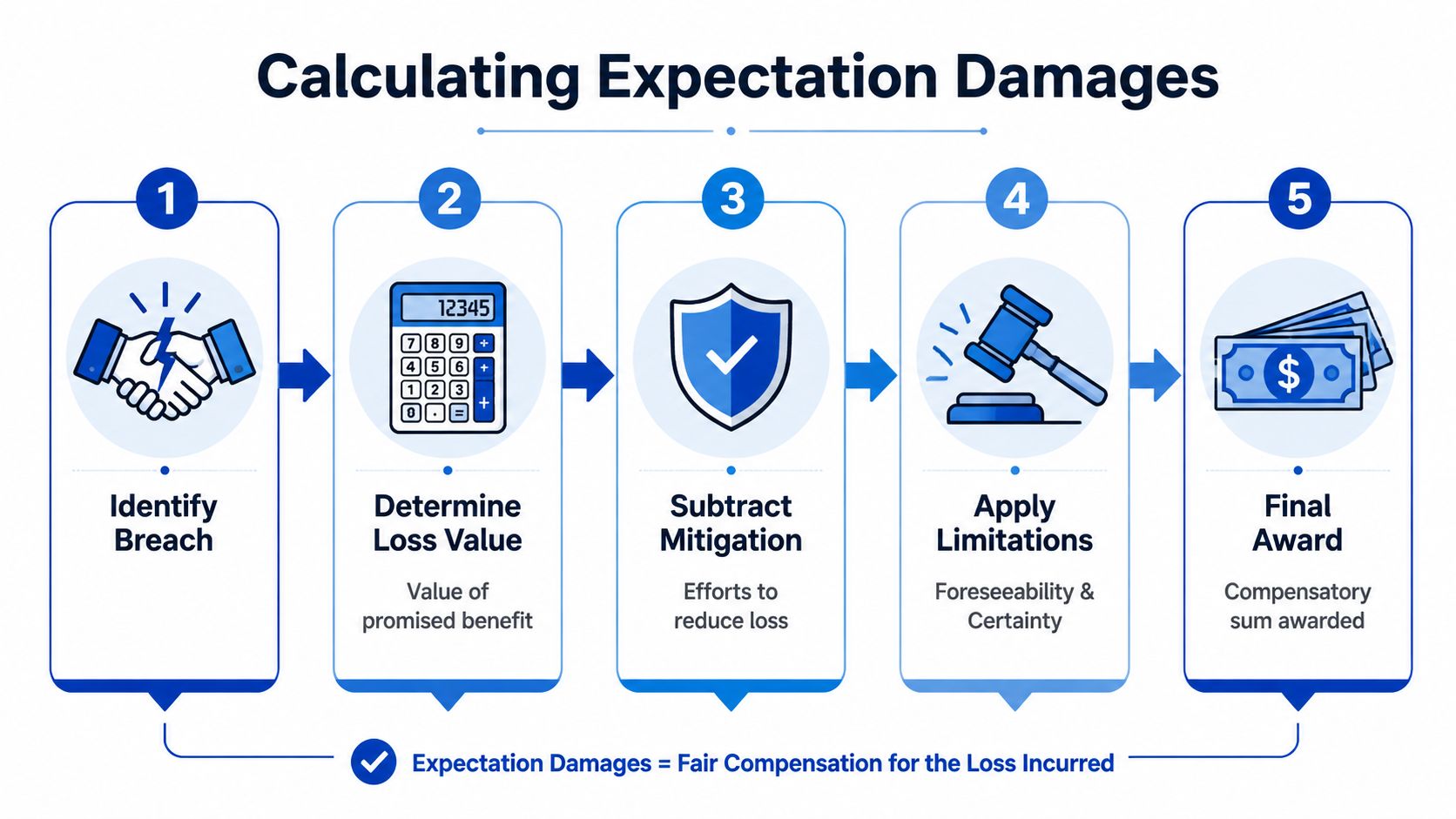 A five-step infographic illustrating the process for calculating expectation damages in a breach of contract case.