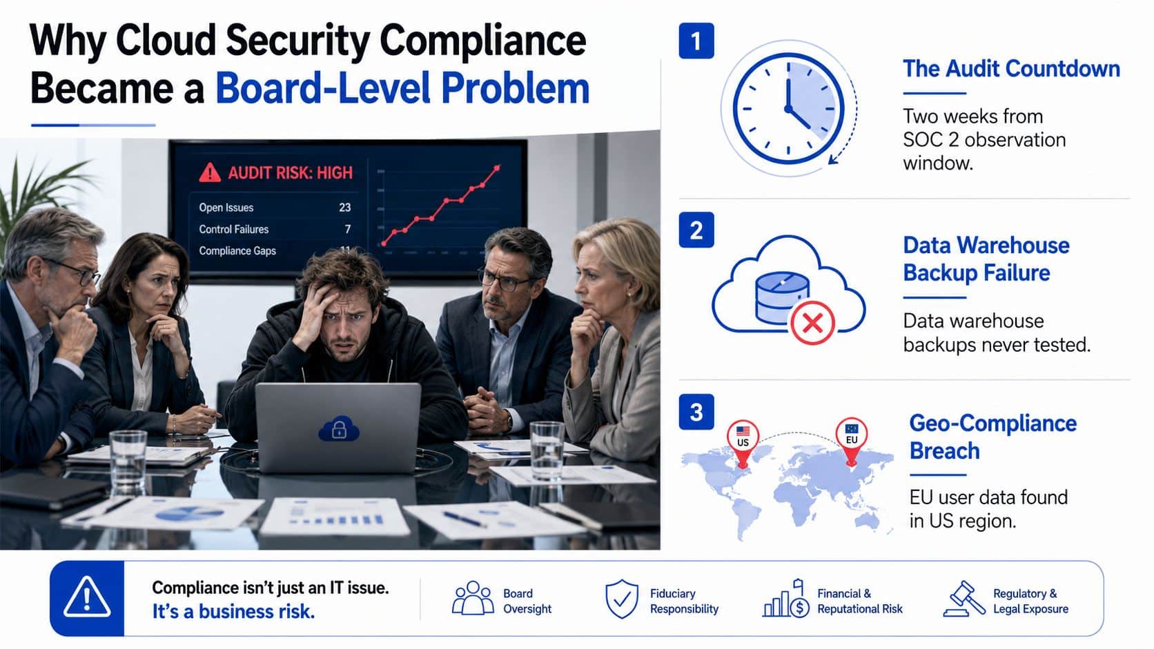 A corporate board meeting in distress due to urgent cloud security compliance issues, audits, and data risks.