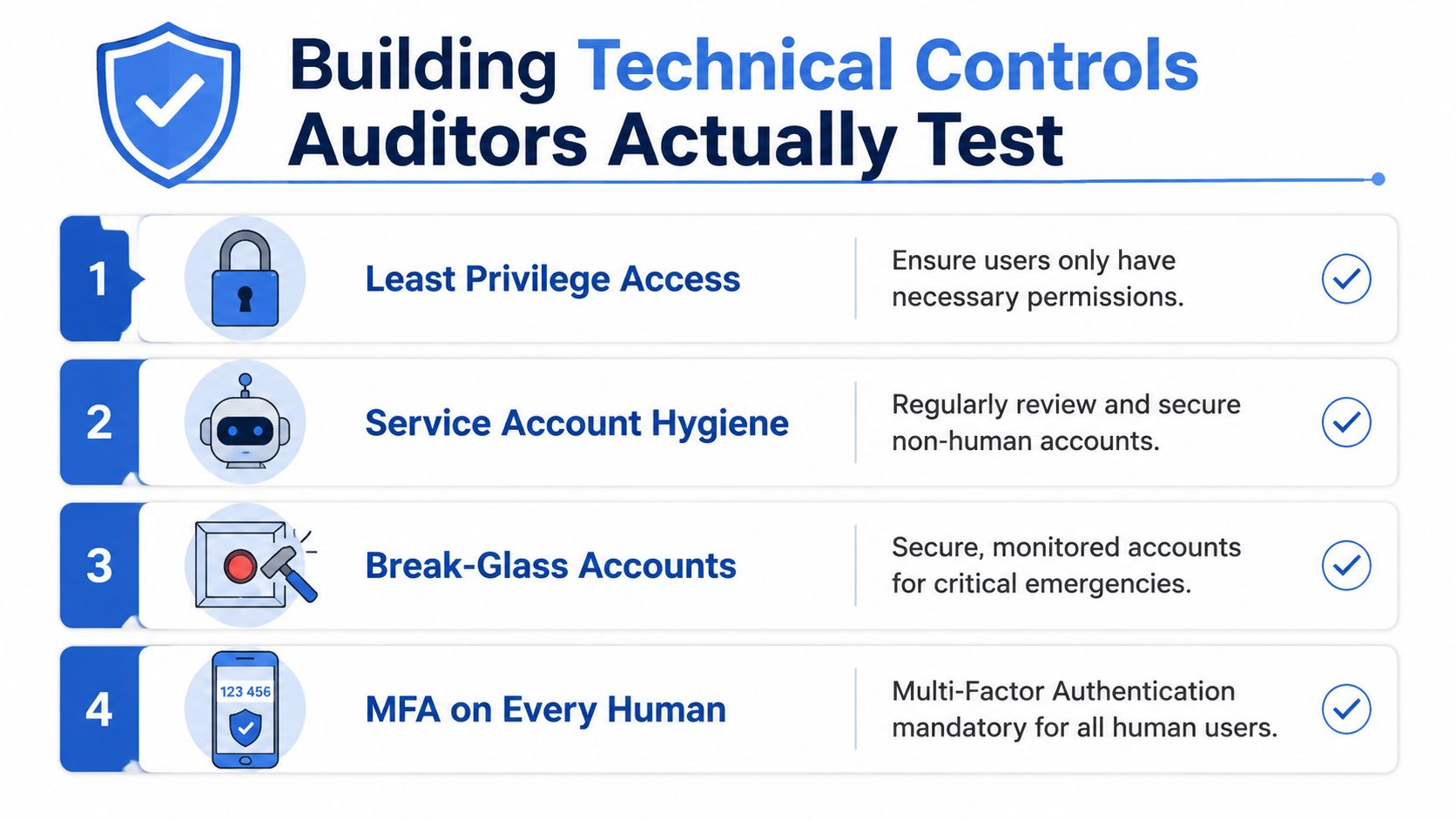 A diagram outlining four essential technical controls for cloud security compliance that auditors frequently evaluate.