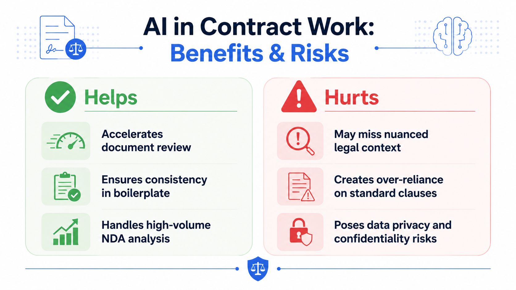 A graphic infographic highlighting the benefits and risks of using artificial intelligence for legal contract work.