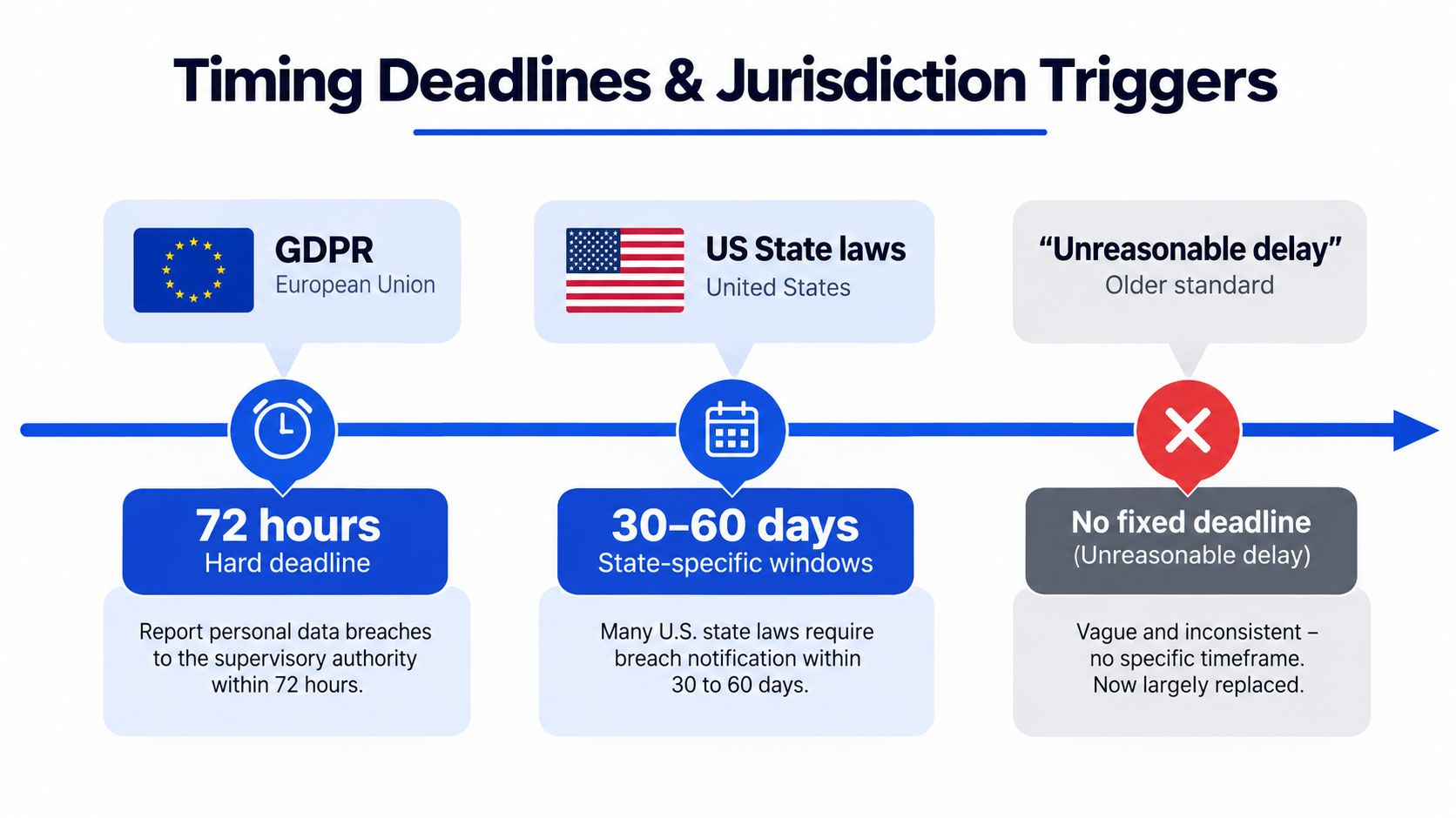 A diagram illustrating data breach notification timelines for GDPR, US state laws, and older standards.
