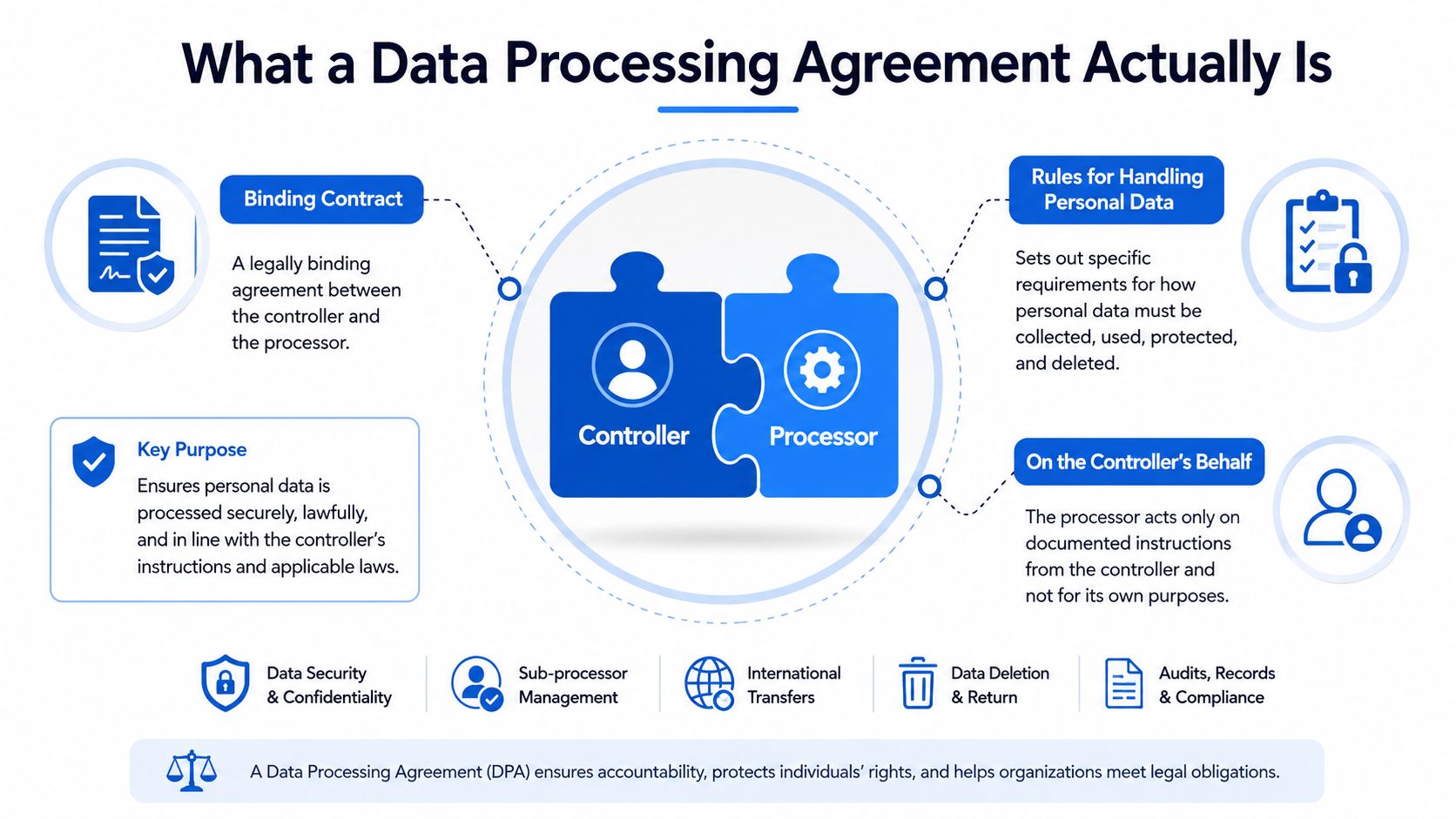An infographic explaining the definition, purpose, and key components of a Data Processing Agreement between controllers and processors.