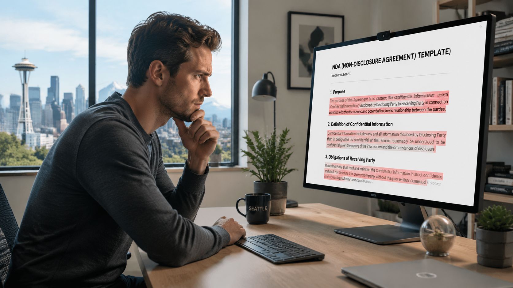 A man looks thoughtfully at a computer monitor displaying a Non-Disclosure Agreement template in a Seattle office.