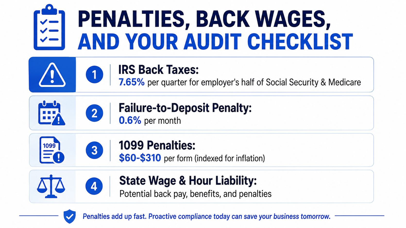 An infographic titled Penalties, Back Wages, and Your Audit Checklist outlining tax and employment law violations.