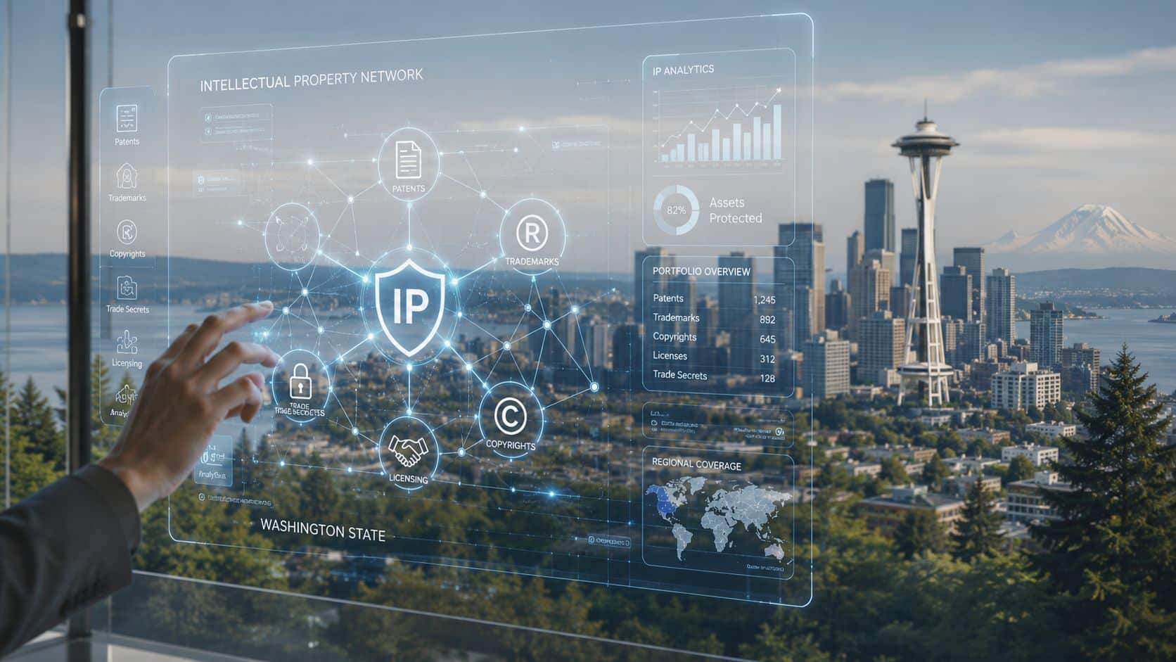 A professional hand interacting with a futuristic digital interface displaying intellectual property data over the Seattle skyline.