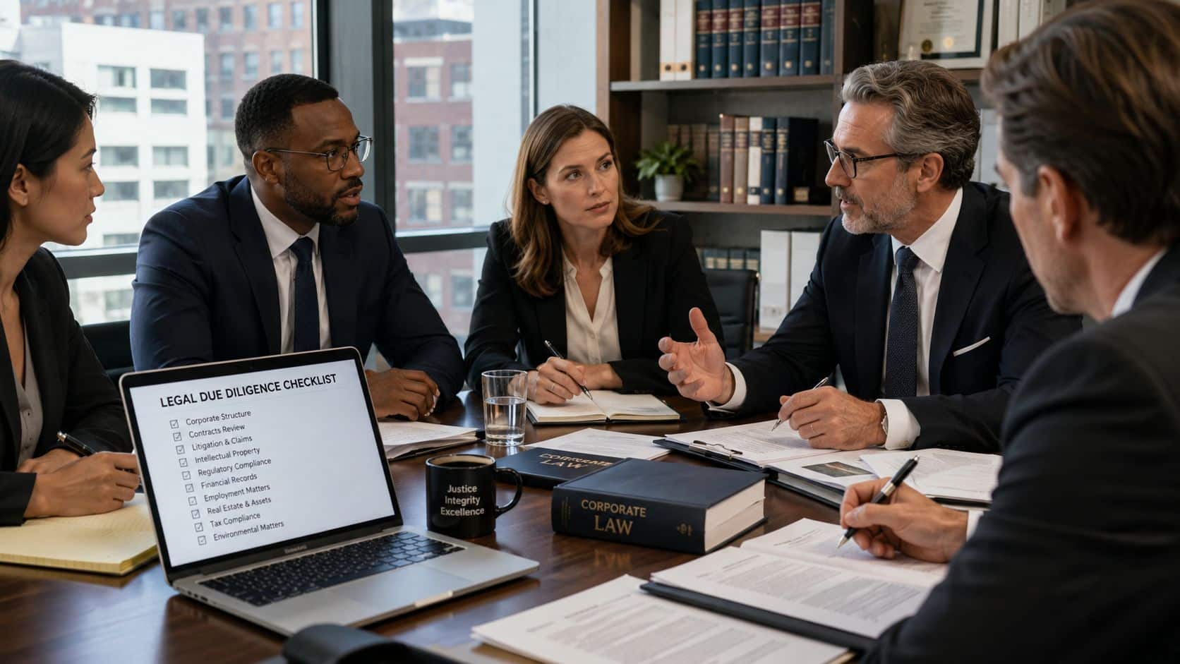 A professional legal team discussing documents and due diligence during a meeting in a corporate boardroom.