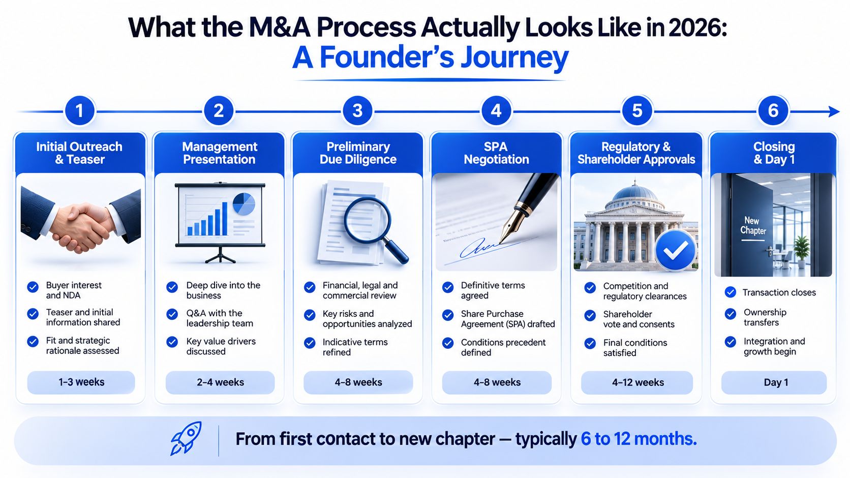 A flowchart infographic outlining the six-step mergers and acquisitions process for founders from outreach to closing.