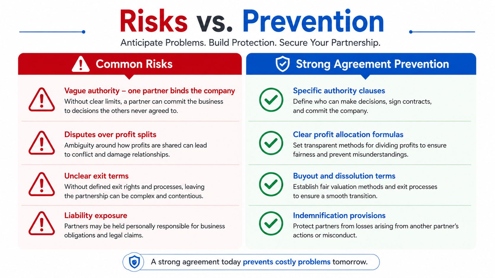 A comparison chart outlining common business partnership risks alongside strong agreement prevention strategies for legal protection.