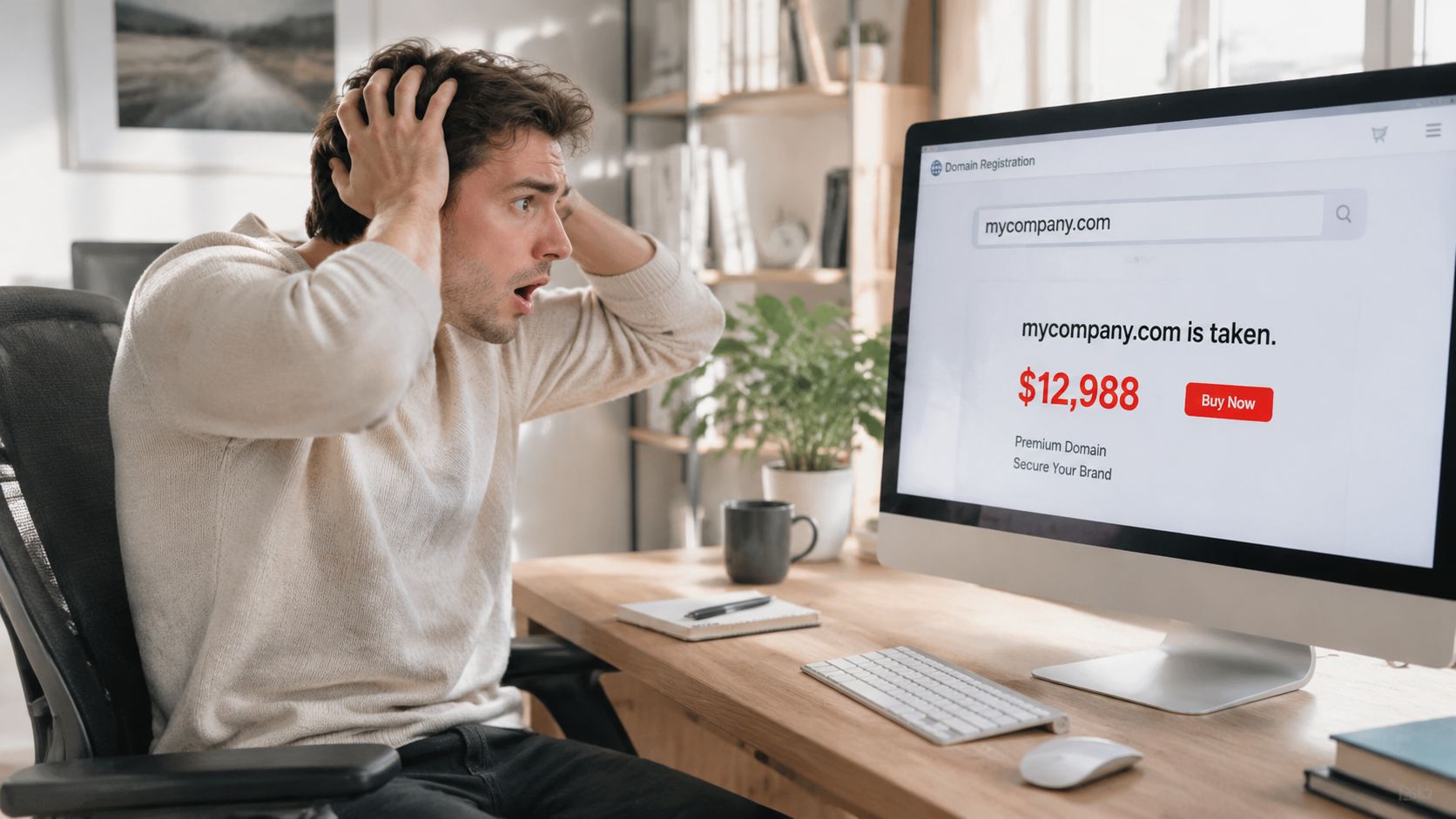 A shocked man looking at a computer screen showing that his desired domain name is already taken.