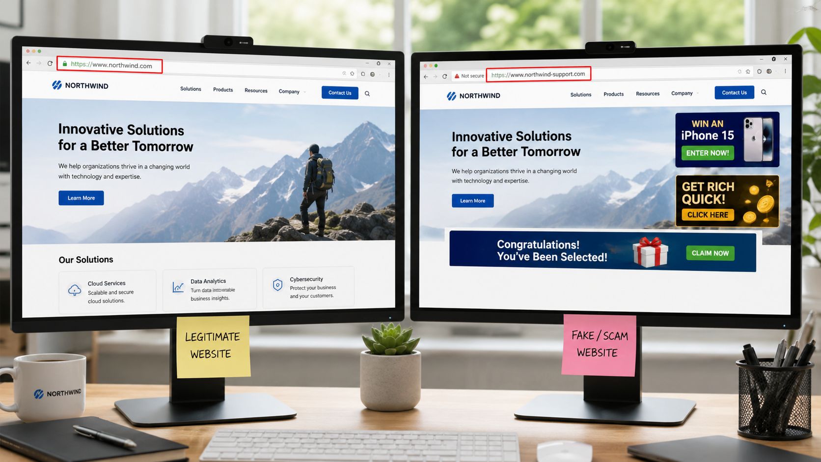 A side by side comparison of a legitimate professional company website and a fake scam website.